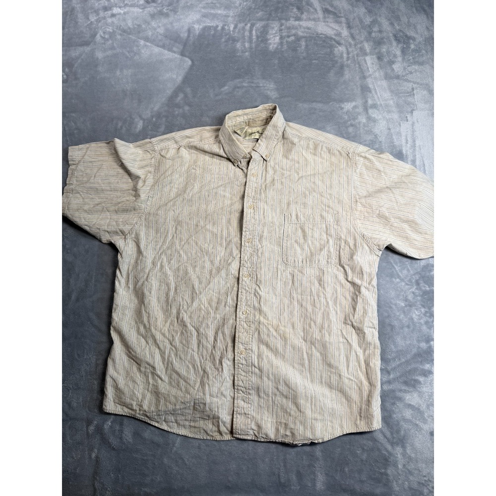 Eddie Bauer Shirt Men Large Beige Striped Cotton Short Sleeve Casual Button Down